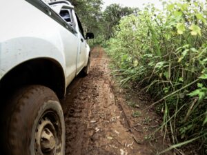 4WD Training - The car's wheels on the dirt road.