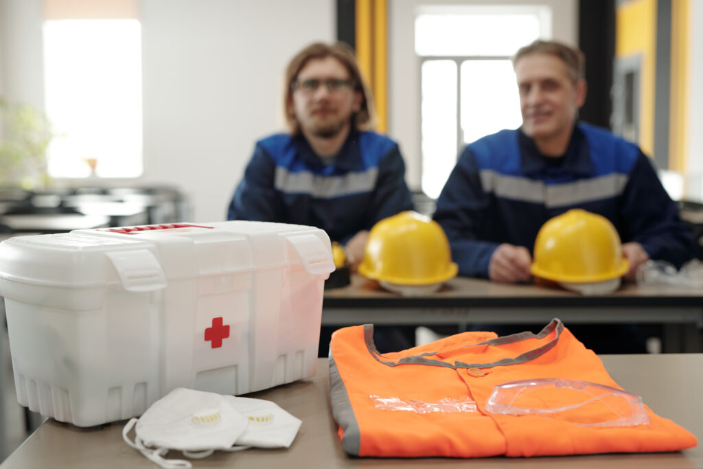 Close-up of table with first aid kit for first aid course in Sunshine Coast for factory workers